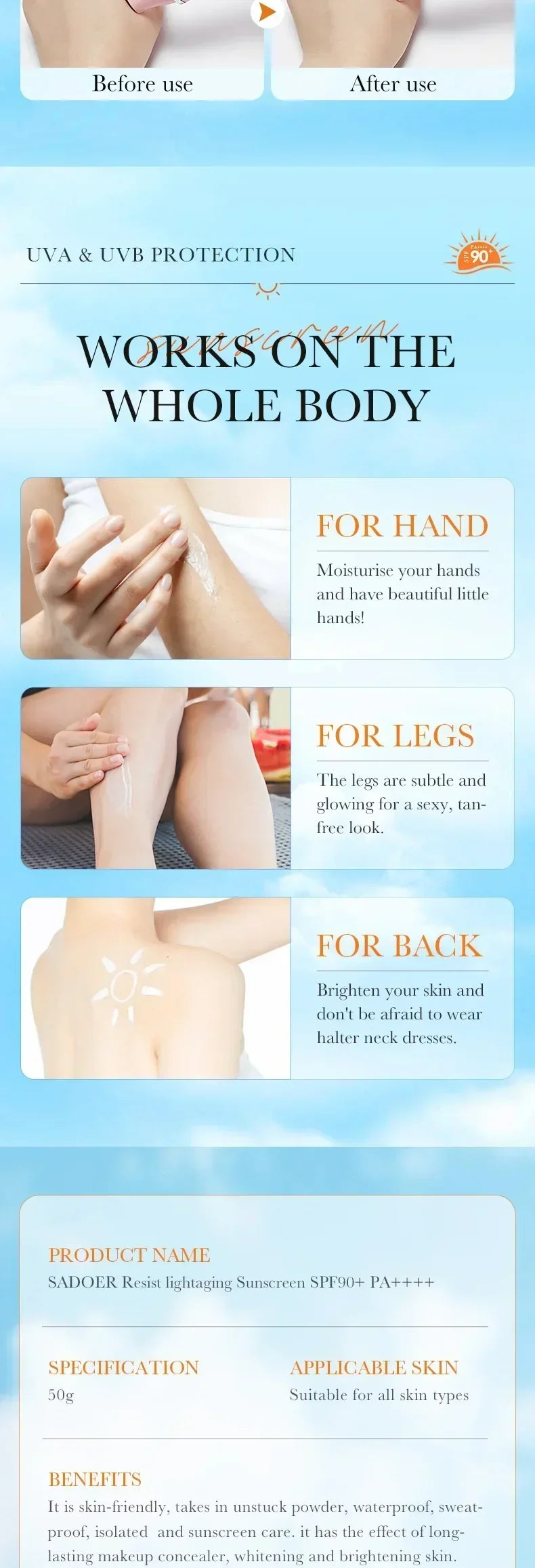 SPF90+ sunscreen, UV protection, whitening sunscreen, moisturizing, whitening, facial and body sunscreen, skin care, anti-aging
