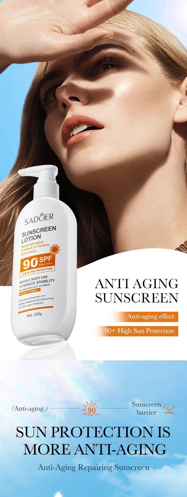 日焼け止め乳液（顔・からだ用）、スーパー220g、50g（ミニボトル）、SPF90 PA+++++、全身用