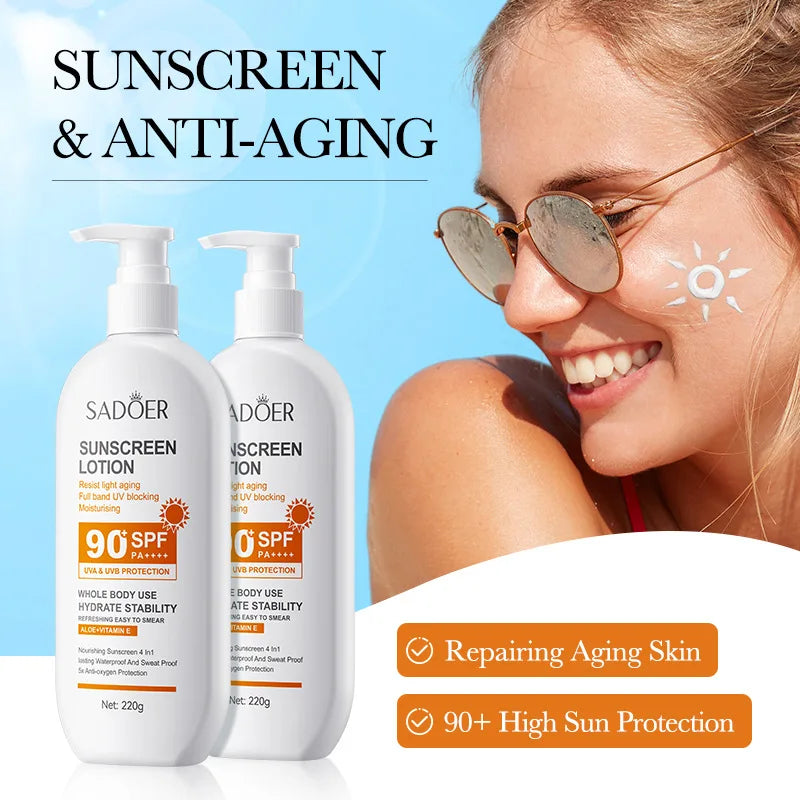 日焼け止め乳液（顔・からだ用）、スーパー220g、50g（ミニボトル）、SPF90 PA+++++、全身用
